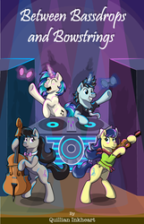 Size: 621x966 | Tagged: safe, artist:little tigress, artist:littletigressda, editor:quillian inkheart, dj pon-3, fiddlesticks, neon lights, octavia melody, rising star, vinyl scratch, pony, fanfic:between bassdrops and bowstrings, g4, apple family member, bow (instrument), cello, fanfic, fanfic art, fanfic cover, fiddle, fimfiction, magic, musical instrument, poster, record, speaker, sunglasses, turntable