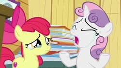 Size: 1920x1080 | Tagged: safe, screencap, apple bloom, sweetie belle, earth pony, pony, unicorn, g4, the last crusade, apple bloom's bow, book, bow, clubhouse, crusaders clubhouse, crying, duo, duo female, eyes closed, female, hair bow, open mouth, sad