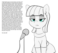 Size: 1500x1376 | Tagged: safe, artist:pabbley, edit, maud pie, earth pony, pony, g4, butt kiss, fat, female, grammar error, mare, maud the comedian, microphone, monochrome, open mouth, partial color, solo, stand-up comedy, text, tl;dr, twilard sparkle, twilight burgkle