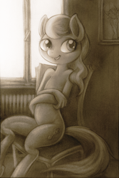 Size: 1200x1800 | Tagged: safe, artist:darkdoomer, silver spoon, earth pony, anthro, g4, adorasexy, chair, cute, female, looking at you, loose hair, missing accessory, monochrome, sexy, sitting, solo, traditional art, window