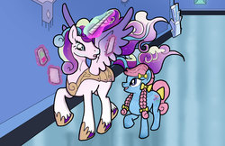 Size: 2550x1650 | Tagged: source needed, useless source url, safe, artist:bico-kun, bow tie (g1), bowtie (g3), princess cadance, shining armor, alicorn, crystal pony, pony, g4, alicornified, ambiguous gender, crystal empire, duo, ear fluff, ethereal mane, fusion, future, intersex, levitation, magic, prince shining armor, race swap, shiningcorn, tablet, telekinesis, ultimate cadance