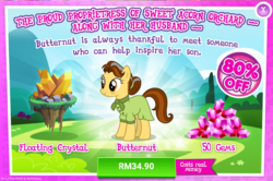 Size: 1041x692 | Tagged: safe, gameloft, butternut, pony, g4, advertisement, costs real money, female, gem, implied pistachio, introduction card, mare