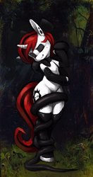 Size: 540x1024 | Tagged: safe, artist:stardep, oc, oc only, oc:lilith, pony, unicorn, semi-anthro, arm hooves, bow, clothes, collar, eyes closed, eyeshadow, fine art parody, hair bow, john collier, latex, latex socks, makeup, scenery, scenery porn, socks, solo, tentacles
