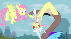 Size: 1024x568 | Tagged: dead source, safe, artist:sleepy--demon, discord, fluttershy, draconequus, pegasus, pony, g4, keep calm and flutter on, cross-eyed, duo, female, flying, male, mare, scene interpretation, stare, the stare, wingding eyes