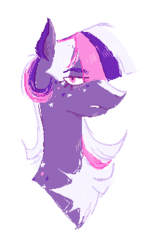 Size: 216x360 | Tagged: dead source, safe, artist:sleepy--demon, twilight sparkle, earth pony, pony, g4, alternate color palette, alternate hair color, beauty mark, bust, chest fluff, earth pony twilight, eye clipping through hair, female, g5 concept leak style, g5 concept leaks, lidded eyes, looking at you, mare, pixel art, redesign, scowl, simple background, solo, transparent background, twilight sparkle (g5 concept leak)