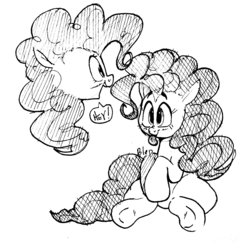 Size: 1155x1116 | Tagged: safe, artist:hattsy, pinkie pie, earth pony, pony, g4, blushing, female, hatching (technique), monochrome, raspberry, sketch, smiling, solo, tongue out, traditional art, underhoof
