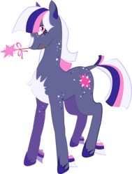 Size: 967x1280 | Tagged: dead source, safe, artist:sleepy--demon, part of a set, twilight sparkle, earth pony, pony, g4, beauty mark, chest fluff, coat markings, dock, earth pony twilight, female, g5 concept leak style, g5 concept leaks, hoof shoes, looking at you, mare, mouth hold, redesign, simple background, solo, transparent background, twilight sparkle (g5 concept leak), unshorn fetlocks, wand