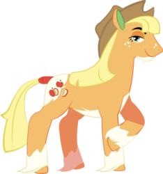 Size: 1197x1280 | Tagged: dead source, safe, artist:sleepy--demon, part of a set, applejack, earth pony, pony, g4, applejack (g5 concept leak), coat markings, colored ears, facial hair, female, freckles, g5 concept leak style, g5 concept leaks, lidded eyes, mare, raised hoof, redesign, simple background, smiling, solo, tail wrap, transparent background, unshorn fetlocks