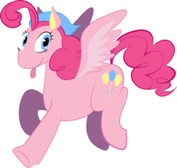 Size: 1280x1221 | Tagged: dead source, safe, artist:sleepy--demon, part of a set, pinkie pie, pegasus, pony, g4, bandana, colored ears, female, flying, g5 concept leak style, g5 concept leaks, looking at you, mare, pegasus pinkie pie, pinkie pie (g5 concept leak), race swap, raised hoof, redesign, simple background, solo, spread wings, tongue out, transparent background, wings