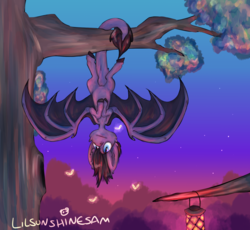 Size: 1280x1176 | Tagged: safe, artist:lilsunshinesam, oc, oc only, bat pony, pony, hanging, prehensile tail, solo, tree, tree branch, upside down