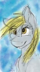 Size: 600x1065 | Tagged: safe, artist:misssakura-senpai, derpy hooves, pony, g4, abstract background, eye clipping through hair, female, lidded eyes, mare, sketch, smiling, solo