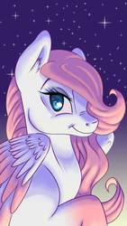 Size: 670x1192 | Tagged: safe, artist:misssakura-senpai, oc, oc only, oc:sakura, pegasus, pony, coat markings, ear fluff, female, looking at you, mare, night, raised hoof, smiling, socks (coat markings), solo, starry night, stars