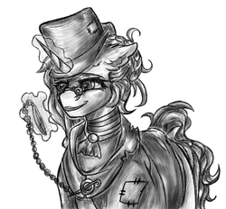 Size: 849x789 | Tagged: safe, alternate version, artist:raychelrage, oc, oc only, pony, unicorn, fallout equestria, choker, clothes, craft, engraving, female, glasses, hat, jewelry, mare, patch, pince-nez, pocket watch, raider, solo, suit