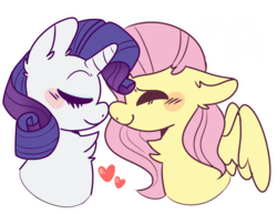 Size: 1017x786 | Tagged: safe, artist:skeleshibe, fluttershy, rarity, pegasus, pony, unicorn, g4, blushing, bust, chest fluff, cute, ear fluff, eyes closed, female, floppy ears, gift art, heart, lesbian, mare, nuzzling, ship:flarity, shipping, simple background, smiling, transparent background