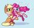 Size: 1200x1016 | Tagged: safe, artist:ohjeetorig, applejack, pinkie pie, earth pony, pony, g4, blue background, confetti, cowboy hat, cute, diapinkes, duo, featured image, female, freckles, hat, hug, jackabetes, lesbian, mare, official fan art, one eye closed, open mouth, ship:applepie, shipping, simple background, smiling