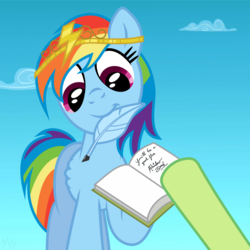 Size: 900x900 | Tagged: safe, artist:m.w., rainbow dash, pegasus, pony, g4, autograph, cloud, female, mare, mouth hold, quill pen