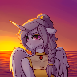 Size: 1375x1373 | Tagged: safe, artist:anonymous, princess celestia, alicorn, anthro, princess molestia, g4, clothes, cyrillic, female, floppy ears, looking at you, mare, solo, sunset