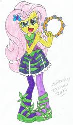 Size: 1251x2126 | Tagged: safe, artist:xxfluffypachirisuxx, fluttershy, human, equestria girls, g4, my little pony equestria girls: rainbow rocks, clothes, female, hairpin, high heels, musical instrument, open mouth, pantyhose, rainbow rocks outfit, shoes, skirt, solo, tambourine, traditional art