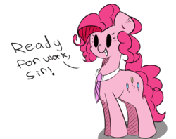 Size: 732x581 | Tagged: artist needed, source needed, safe, pinkie pie, earth pony, pony, g4, dialogue, female, mare, necktie, simple background, smiling, solo, white background
