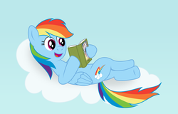 Size: 900x575 | Tagged: safe, artist:m.w., rainbow dash, pegasus, pony, g4, cloud, female, mare, on a cloud, reading, solo