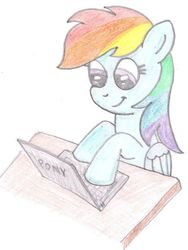 Size: 750x1000 | Tagged: safe, artist:m.w., rainbow dash, pegasus, pony, g4, computer, female, laptop computer, mare, pony (sony), simple background, solo, white background