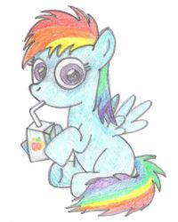 Size: 500x625 | Tagged: safe, artist:m.w., rainbow dash, pegasus, pony, g4, blank flank, cute, female, filly, filly rainbow dash, juice, juice box, mare, simple background, solo, white background, younger
