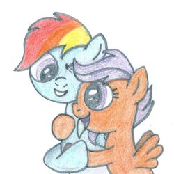 Size: 1000x1000 | Tagged: safe, artist:m.w., rainbow dash, scootaloo, pegasus, pony, g4, cute, daaaaaaaaaaaw, female, filly, hug, mare, scootadoption, scootalove, siblings, simple background, sisters, white background, wholesome