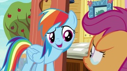 Size: 1920x1080 | Tagged: safe, screencap, rainbow dash, scootaloo, pegasus, pony, g4, the last crusade, apple tree, clubhouse, crusaders clubhouse, duo, female, filly, floppy ears, folded wings, mare, open mouth, raised eyebrow, sad, teary eyes, tree, wings