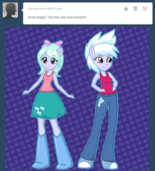 Size: 646x714 | Tagged: safe, artist:marikaefer, cloudchaser, flitter, ask flitter and cloudchaser, equestria girls, g4, boots, bow, clothes, cute, equestria girls-ified, miniskirt, pants, pony ears, shirt, shoes, skirt