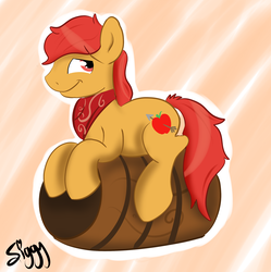 Size: 2120x2132 | Tagged: safe, artist:siggyderp, oc, oc only, earth pony, pony, bandana, barrel, commission, high res, lying, male, signature, solo, stallion