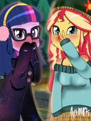 Size: 1800x2400 | Tagged: safe, artist:artmlpk, sci-twi, sunset shimmer, twilight sparkle, equestria girls, g4, alternate hairstyle, beanie, blushing, bundled up, campfire, clothes, coat, cold, cute, duo, earmuffs, female, galaxy, hat, oversized clothes, oversized shirt, peace sign, red nosed, shimmerbetes, shirt, shoulders, snow, twiabetes, winter, winter outfit
