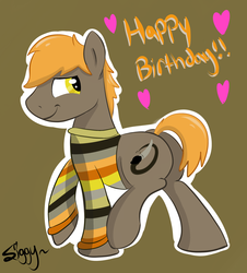 Size: 2317x2561 | Tagged: safe, artist:siggyderp, oc, oc only, oc:umber, earth pony, pony, birthday, clothes, happy birthday, heart, high res, male, signature, solo, stallion, sweater, text, walking