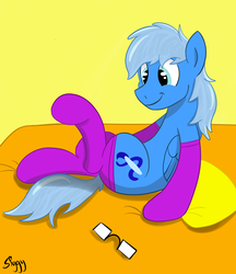 Size: 3237x3750 | Tagged: safe, artist:siggyderp, oc, oc only, oc:blue brush, pegasus, pony, bed, clothes, glasses, high res, male, pillow, signature, socks, solo, stallion