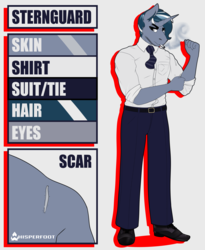 Size: 2456x3000 | Tagged: safe, artist:whisperfoot, oc, oc only, oc:sternguard, unicorn, anthro, belt, belt buckle, business casual, cigarette, cigarette smoke, clenched fist, clothes, dress pants, dress shirt, ear fluff, facial hair, hand, high res, loafers, multicolored hair, necktie, reference sheet, rolled up sleeves, rolling up sleeves, scar, scruffy, shoes, smoke, smoking, solo, standing, suit