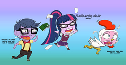 Size: 3000x1533 | Tagged: safe, artist:swordcat9, micro chips, pinkie pie, sci-twi, twilight sparkle, equestria girls, equestria girls specials, g4, my little pony equestria girls: better together, my little pony equestria girls: rollercoaster of friendship, animal costume, book, chibi, chicken pie, chicken suit, clothes, costume, crying, funny, humor, meltdown, open mouth, scared