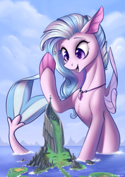 Size: 1500x2122 | Tagged: safe, artist:vincher, silverstream, seapony (g4), g4, cloud, commission, concave belly, cute, diastreamies, eyelashes, female, giant hippogriff, giant seapony, giant/macro hippogriff, giantess, gigastream, jewelry, long mane, macro, mount aris, necklace, ocean, open mouth, railroad, scenery, scenery porn, seapony silverstream, slender, solo, sternocleidomastoid, thin, water, waving