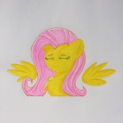 Size: 750x750 | Tagged: safe, artist:ksupav, fluttershy, pegasus, pony, rcf community, g4, bust, chest fluff, eyes closed, female, floating wings, mare, marker drawing, portrait, simple background, smiling, solo, three quarter view, traditional art, wings