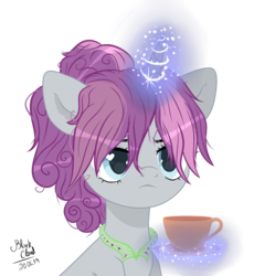 Size: 858x932 | Tagged: safe, artist:blackcloud2000, oc, oc only, oc:burst balloon, pony, unicorn, base used, cup, female, glowing horn, horn, magic, mare, offspring, parent:party favor, parent:pinkie pie, parents:partypie, simple background, solo, teacup, telekinesis, transparent background