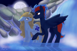 Size: 3000x2000 | Tagged: safe, artist:ksupav, oc, oc:black the dragon, oc:ksupav, pegasus, pony, unicorn, rcf community, high res, moon, oc x oc, rock, shipping, water, waterfall