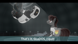 Size: 3840x2160 | Tagged: source needed, safe, artist:ksupav, oc, oc only, pony, unicorn, rcf community, glados, high res, light, overalls, portal (valve), solo, stairs