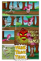Size: 1024x1512 | Tagged: safe, artist:cartoon-eric, pinkie pie, oc, oc:fred wolfbane, earth pony, pony, comic:pink. it's what's for dinner, g4, arrow, chase, comic, courage the cowardly dog, crossbow, female, forest, mare, mask, screaming