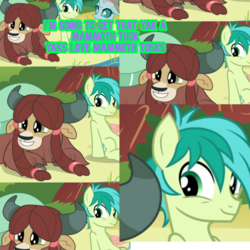 Size: 4096x4096 | Tagged: safe, artist:mayonaisedrug, edit, edited screencap, screencap, ocellus, sandbar, yona, changedling, changeling, earth pony, pony, yak, g4, school daze, caption, cloven hooves, female, image macro, male, teenager, text