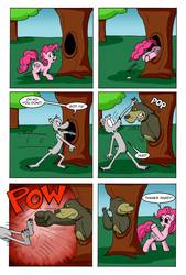 Size: 736x1086 | Tagged: safe, artist:cartoon-eric, harry, pinkie pie, oc, oc:fred wolfbane, pony, comic:pink. it's what's for dinner, g4, comic, hole, punch, tree