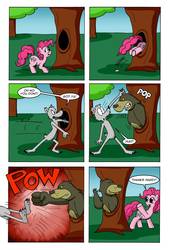 Size: 736x1086 | Tagged: safe, artist:cartoon-eric, harry, pinkie pie, oc, oc:fred wolfbane, bear, pony, wolf, anthro, comic:pink. it's what's for dinner, g4, anthro oc, comic, female, hole, mare, punch, tree, tree hollow, trio