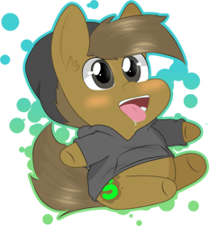 Size: 3236x3485 | Tagged: safe, artist:almond evergrow, oc, oc only, oc:almond evergrow, earth pony, pony, brown coat, brown hair, brown mane, cap, chibi, chibi pony, clothes, drool, ear fluff, gray eyes, hat, high res, hoodie, male, open mouth, simple background, simple shading, smiling, smol, solo, stallion, teeth, tongue out, transparent background