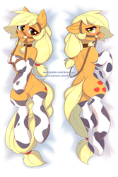 Size: 2002x3003 | Tagged: safe, alternate version, artist:fensu-san, applejack, earth pony, pony, semi-anthro, g4, applebutt, applecow, arm hooves, bell, bell collar, blushing, body pillow, body pillow design, bridle, butt, clothes, collar, cowbell, cowprint, featureless crotch, female, high res, mare, nudity, plot, reins, sexy, socks, solo, stockings, tack, thigh highs