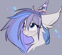 Size: 1935x1720 | Tagged: safe, artist:prsmrti, oc, oc only, pony, bust, happy birthday, hat, looking up, palindrome get, party hat, smiling, solo