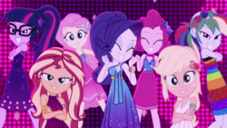 Size: 1920x1080 | Tagged: safe, screencap, applejack, fluttershy, pinkie pie, rainbow dash, rarity, sunset shimmer, twilight sparkle, equestria girls, g4, i'm on a yacht, my little pony equestria girls: better together, crossover, cute, dashabetes, diapinkes, eyes closed, eyeshadow, female, geode of empathy, geode of fauna, geode of shielding, geode of sugar bombs, geode of super speed, geode of super strength, geode of telekinesis, humane five, humane seven, humane six, jackabetes, lidded eyes, looking at you, magical geodes, makeup, neon eg logo, raribetes, shimmerbetes, shyabetes, sleeveless, twiabetes