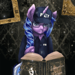 Size: 900x900 | Tagged: safe, artist:mdwines, oc, pony, unicorn, animated, blue hair, book, cap, clothes, commission, creepy, fbi, gif, glasses, green eyes, hat, horror, magic book, solo, uniform, ych example, ych result