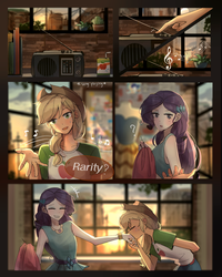 Size: 2000x2500 | Tagged: safe, artist:tcn1205, part of a set, applejack, rarity, equestria girls, g4, my little pony equestria girls: better together, applejack's hat, blushing, clothes, comic, cowboy hat, cute, daaaaaaaaaaaw, dialogue, female, geode of shielding, hand kiss, hat, high res, jackabetes, kissing, lesbian, love, magical geodes, music notes, raribetes, ship:rarijack, shipping, smiling